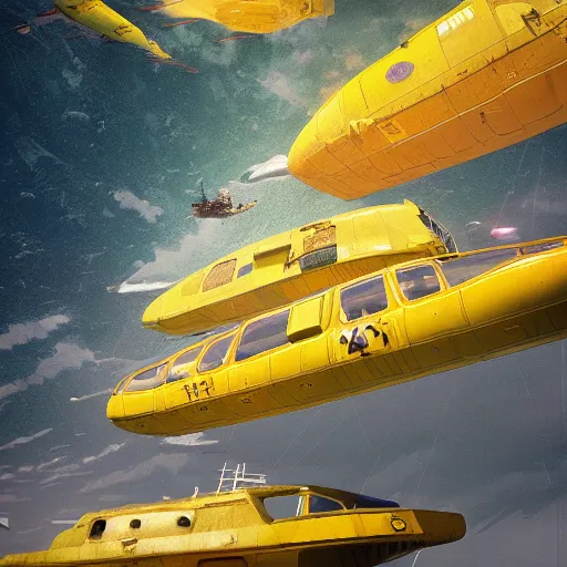 Image similar to a highly detailed of many yellow submarines traffic jam in the sky by sparth and jeff simpson and tyler edlin and, photo, photo real, octane render, vray, brilliantly colored
