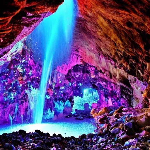 Prompt: a cave full of sparkly colorful crystals and waterfalls,