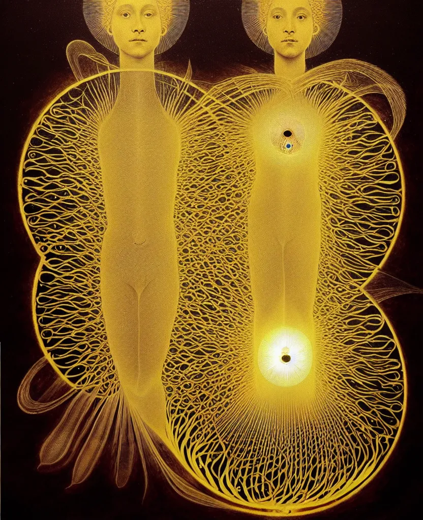 Image similar to a golden child radiates a unique canto'as above so below'while being ignited by the spirit of haeckel and robert fludd, breakthrough is iminent, glory be to the magic within, in honor of venus, painted by ronny khalil