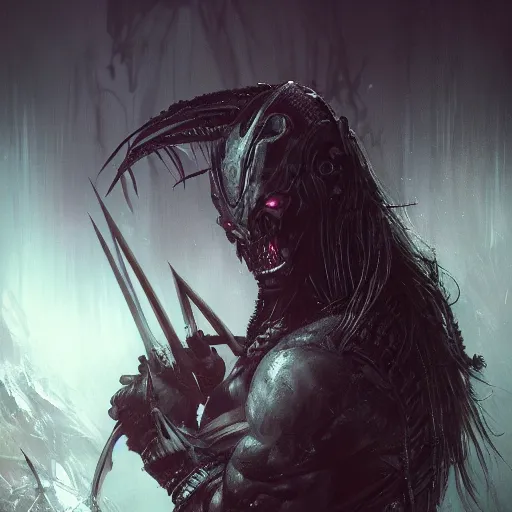 Image similar to predator, darkwave, darksynth character portrait, sharp, digital matte painting, art by luis royo, greg rutkowski, wlop, dramatic lighting, trending on artstation