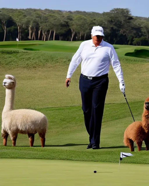 Prompt: wide shot of donald trump at one of his golf courses, with an alpaca caddy. photorealistic