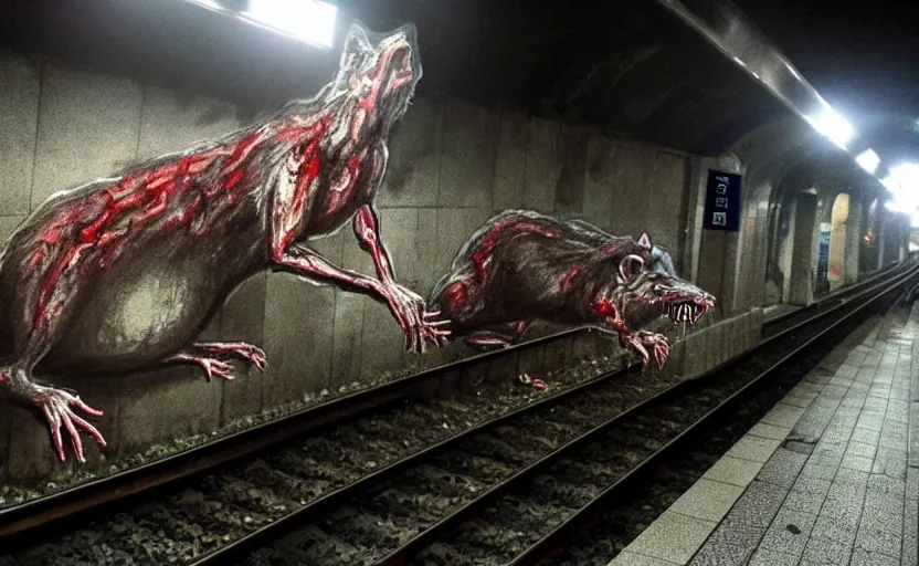 Prompt: very large giant mutant zombie irradiated rat sraying on railways in tonnel of moscow subway. extreme high detail. low dark light, scary atmosphere.