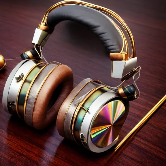 Image similar to masterpiece photo of beautiful crafted artistic bismuth metal headphones, bismuth rainbow metal, bismuth cups, leather padding, displayed on mahogany desk, modernist headphones, bismuth headphones beautiful well designed, hyperrealistic, audiophile, intricate hyper detail, extreme high quality, photographic, meze audio, sennheiser, hifiman, artstation