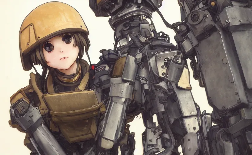 Prompt: bottom portrait of mechanized soldier girl, anime style, urban in background, soldier clothing, combat helmet, short hair, hair down, symmetrical facial features, from arknights, hyper realistic, 4 k, rule of thirds, extreme detail, detailed drawing, trending artstation, hd, d & d, realistic lighting, by alphonse mucha, greg rutkowski