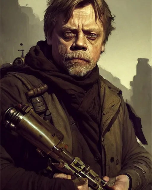 Prompt: mark hamill as a tired dystopian resistance fighter. dieselpunk steampunk art by greg rutkowski, gustave courbet, rosa bonheur, edward hopper. faithfully depicted facial expression, perfect anatomy, sharp focus, global illumination, radiant light, detailed and intricate environment, trending on artstation