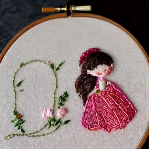 Image similar to a tiny beautiful handmade embroidery of a little girl with brown curly hair. hand embroidery.