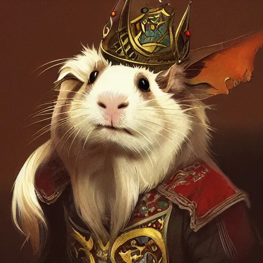 Prompt: A heraldic prince Guinea Pig with big cute eyes, D&D, fantasy, intricate, cinematic lighting, highly detailed, digital painting, artstation, concept art, smooth, sharp focus, illustration, art by Akihiko Yoshida, Greg Rutkowski and Alphonse Mucha