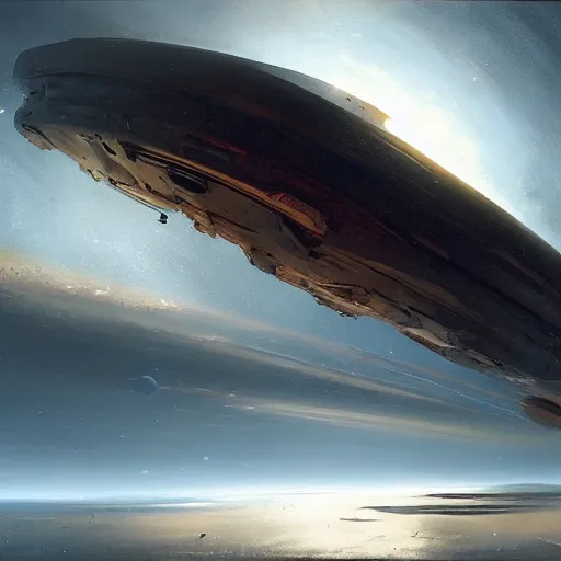 Prompt: a large spaceship emerges over the horizon of an alien planet, artwork by darek zabrocki, dramatic lighting, brushstrokes, paper texture.
