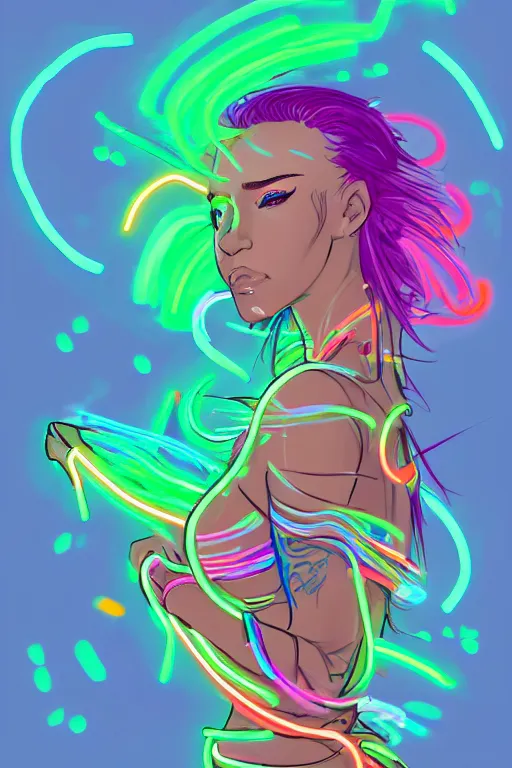 Image similar to a award winning portrait of a beautiful woman with stunning eyes in a one off shoulder crop top and cargo pants with rainbow colored hair, outlined by whirling illuminated neon lines and fine lines swirling in circles by greg tocchini, digital art, trending on artstation