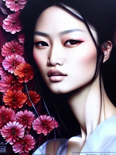 Image similar to a portrait of asian supermodel with a floral background by karol bak, artgerm, moebius, yoji shinkawa : : portrait, illustration, photorealism, hyperrealism, graffiti