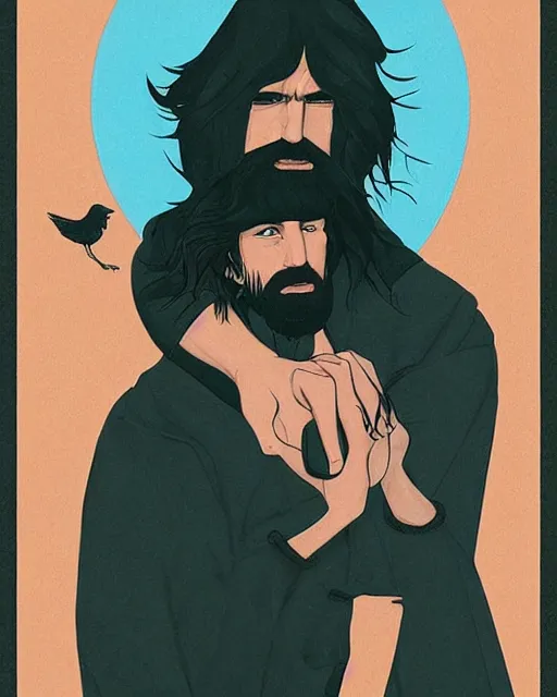 Prompt: portrait of an unkle moon with long black hair and beard and his imaginary bird friend dudek, fine portrait, beautiful, realistic, magical, by tomer hanuka