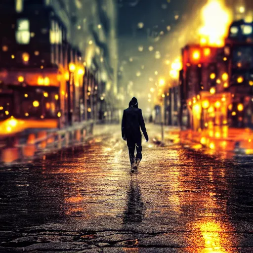 Image similar to lava man walking on a rainy street in a abandoned city, golden hours, heat wave, 4 k photoshop, photorealistic, 1 0 0 m, sharp focus, bokeh