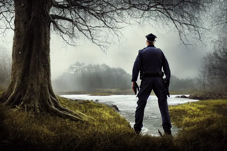 Prompt: an ultra realistic, cinematic, headshot portrait, of a policeman, branches, facial features, background of a vast serene landscape, with trees and rivers, detailed, deep focus, movie still, dramatic lighting, by michal karcz and yoshitaka amano