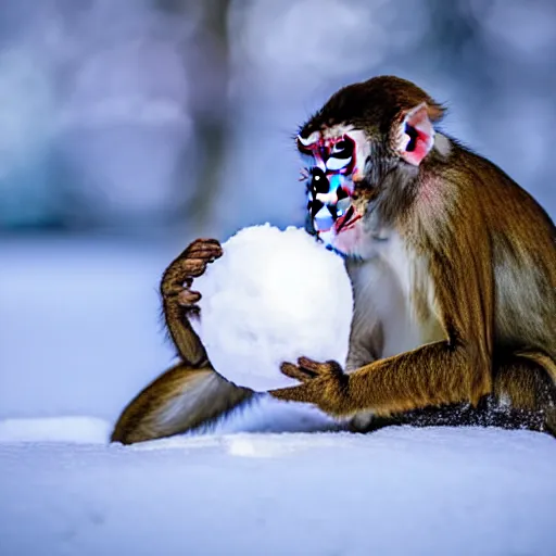 Image similar to beatiful photograph of non-ending snow, monkey sitting in the center whilst holding a snowball in its arms