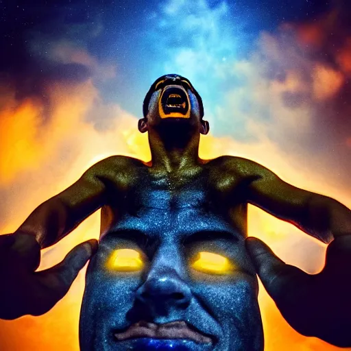 Prompt: A terrifying brown skinned Latino god floating with his arms up, his eyes glowing yellow, casually dressed, his head glowing blue ominously. Shot from below, photorealistic, ominous and apocalyptic dark sky.