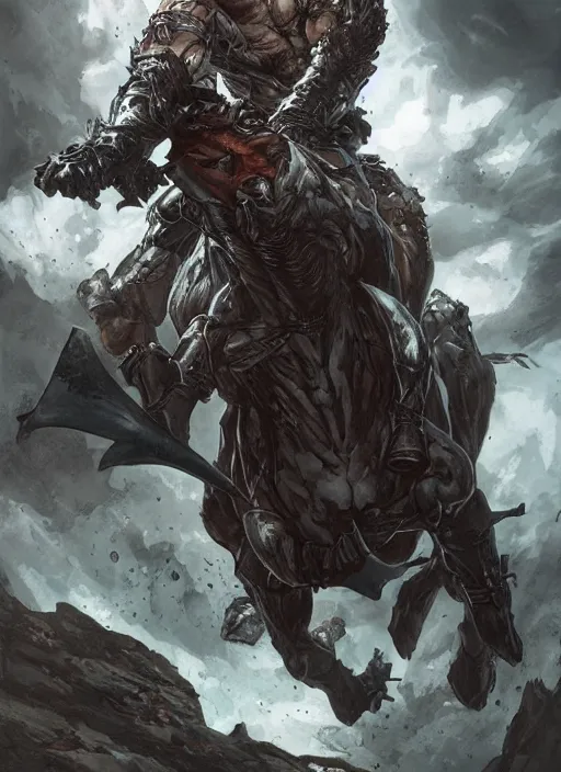 Image similar to bald grey bearded ethan van sciver riding a dark horse into battle, full view, beautiful zoomed out artwork by artgerm and rutkowski, breathtaking, beautifully lit, dramatic, full view