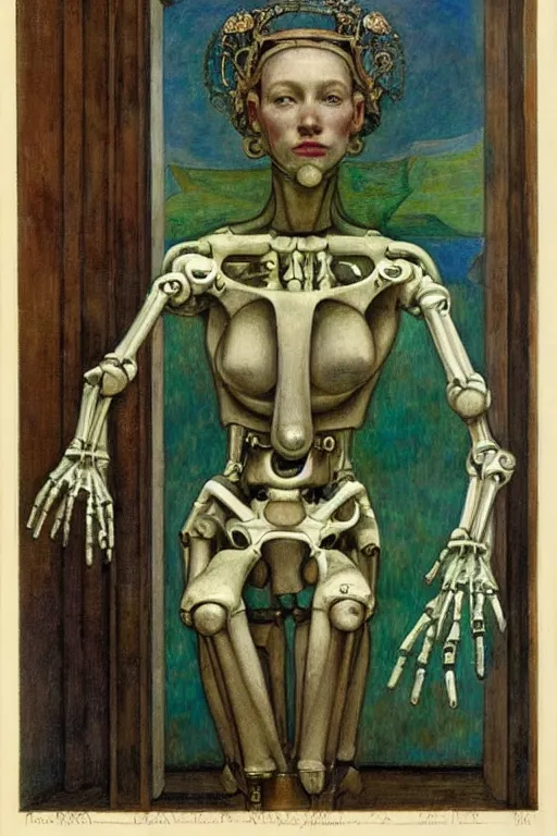 Image similar to the robot wearing her bone crown stands by the window , by Annie Swynnerton and Diego Rivera and Elihu Vedder, symbolist, dramatic lighting, elaborate geometric ornament, Art Brut, soft blues and greens,smooth, sharp focus, extremely detailed, Adolf Wölfli and Evelyn De Morgan