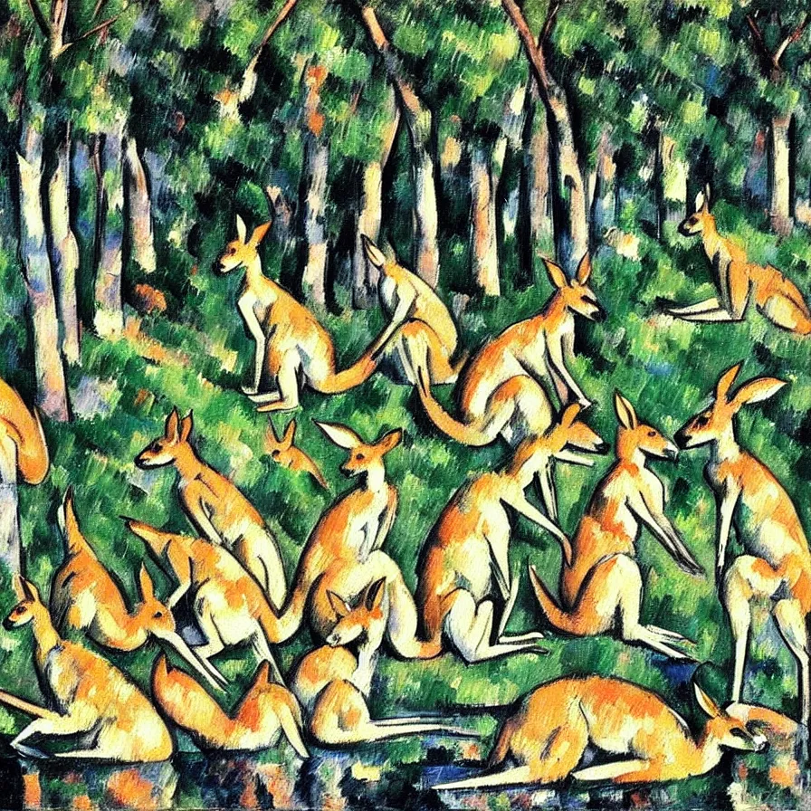 Image similar to five kangaroos bathing in a lake. an oil painting by paul cezanne