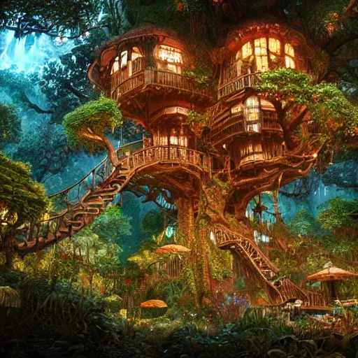 Image similar to an elaborate treehouse overgrown by bioluminescent plants, an ultrafine hyperdetailed illustration by kim jung gi, irakli nadar, intricate linework, bright colors, octopath traveler, final fantasy, unreal engine 5 highly rendered, global illumination, radiant light, detailed and intricate environment