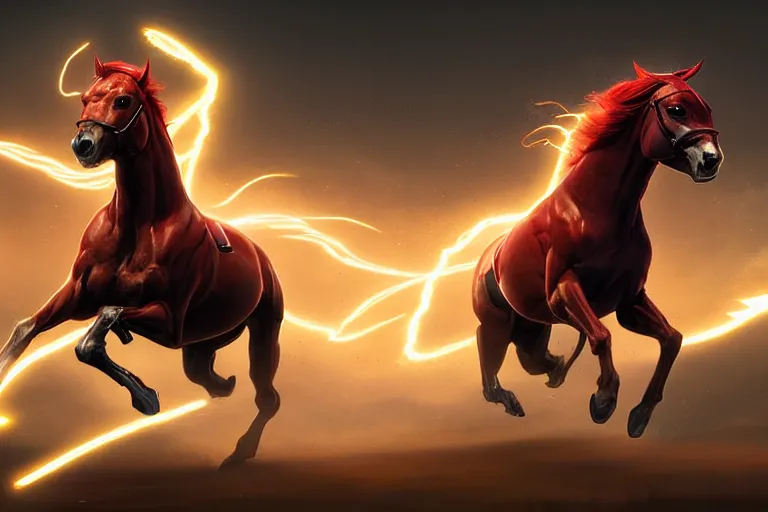 Image similar to a stunning digital painting of a horse as the flash in costume running in the speedforce by greg rutkowski, volumetric light, digital art, fine detail, photorealistic