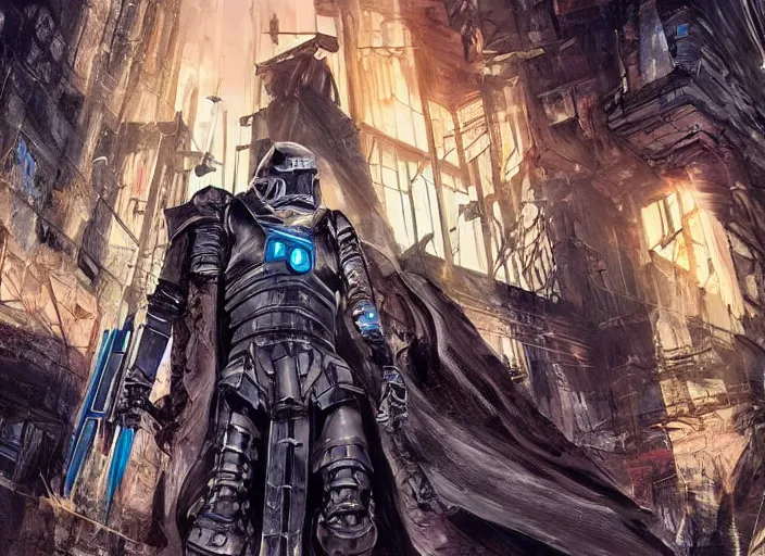 Image similar to medieval cyberpunk knight in a scenic cyberpunk environment, armor inspired by star wars and iron man, cybernetic implants, beautiful digital art, action pose, epic lighting, epic composition, sharp focus