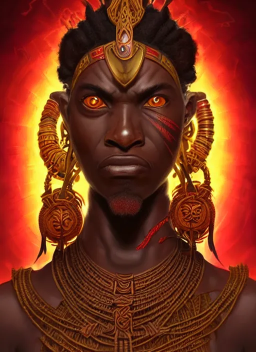 Image similar to angry orisha warrior god, bronze skin tone, bushy goatee, glowing red eyes, volumetric lights, earth tones and golden scheme, tribal and primitive, intricate, highly detailed, digital painting, artstation, concept art, smooth, sharp focus, illustration, kemetic symbolism, art by artgerm and greg rutkowski and alphonse mucha