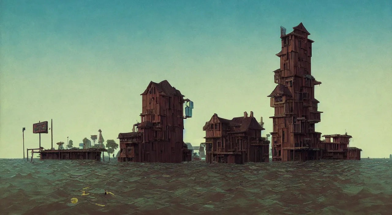 Image similar to single flooded simple bloated wooden tower, very coherent and colorful high contrast!! masterpiece by rene magritte simon stalenhag carl spitzweg syd mead norman rockwell edward hopper james gilleard, minimalist, dark shadows, sunny day, hard lighting