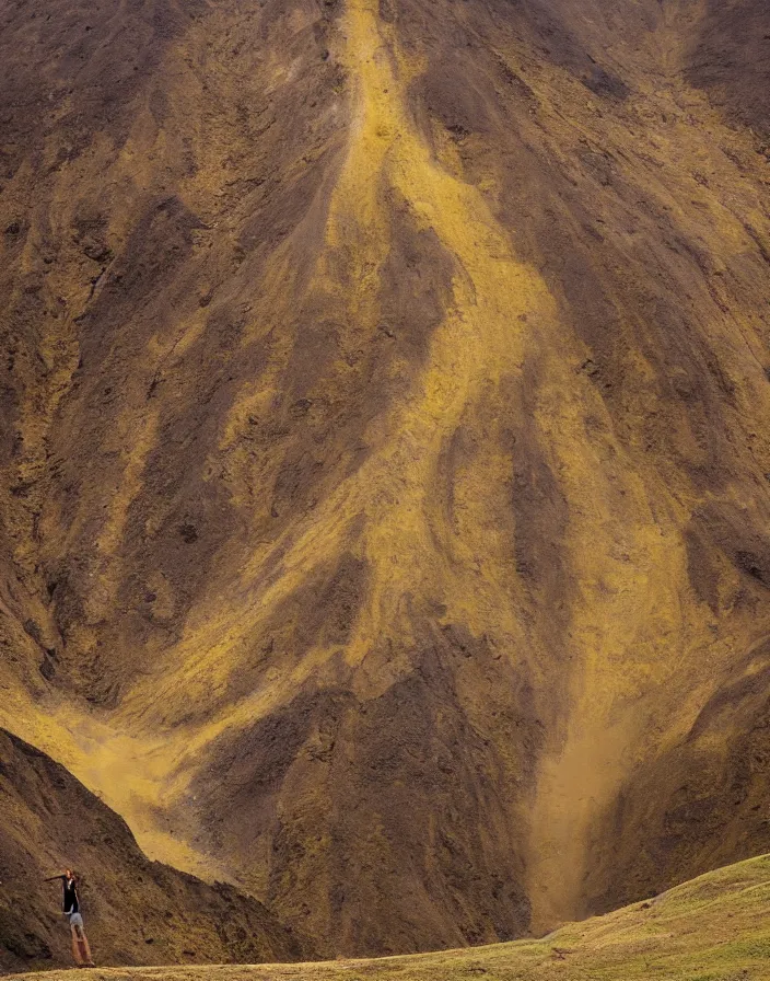 Prompt: color photo of a massive liquid gold sculpture in ecuadorian mountains. photography by werner herzog