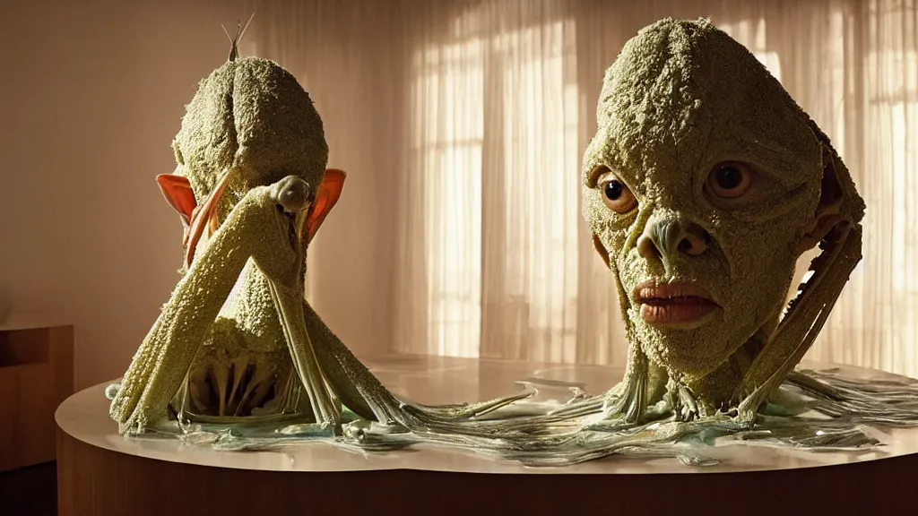 Image similar to the giant praying mantis head in the living room made of wax and water, film still from the movie directed by Denis Villeneuve with art direction by Salvador Dalí, wide lens