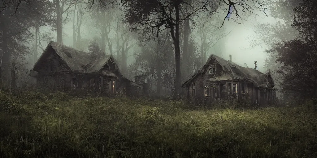 Image similar to photorealistic, ruined english bungalow at night, overgrown vegetation, in the forest, apocalypse, very dark, fog, skinny evil creatures, hell scape, horrifying, hyperrealistic, grimdark, artstation