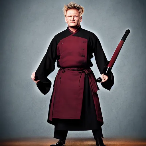 Image similar to 4k award winning Gordon Ramsay dressed as a Samurai from the 19th century, full body, detailed, dramatic