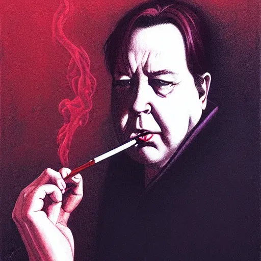 Image similar to concept portrait of bill hicks smoking, dark atmosphere, lovecraftian setting, lynchian atmosphere, film noir, concept art, art by kuvshinov ilya and zdislav beksinski and wayne barlowe