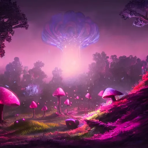 Prompt: concept art painting of a fantasy alien fungal landscape at night, magenta trees, glowing blue mushrooms, houses made of mushrooms, dark purple sky, realistic, detailed, cel shaded, in the style of makoto shinkai and greg rutkowski and albert bierstadt and james gurney
