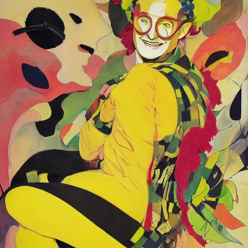 Image similar to art by joshua middleton, the yellow creeper, a tall manically smiling yellow - skinned man with green and black striped cycling shorts and wearing a long red feather boa, yellow makeup, mucha, kandinsky, poster, comic art, stylised design