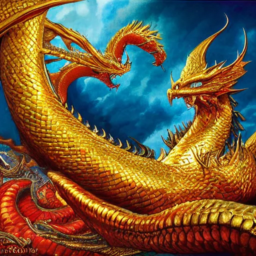 Prompt: Smaug the golden fire dragon hoarding his gold and shiny gems by Mark Brooks, Donato Giancola, Victor Nizovtsev, Scarlett Hooft, Graafland, Chris Moore