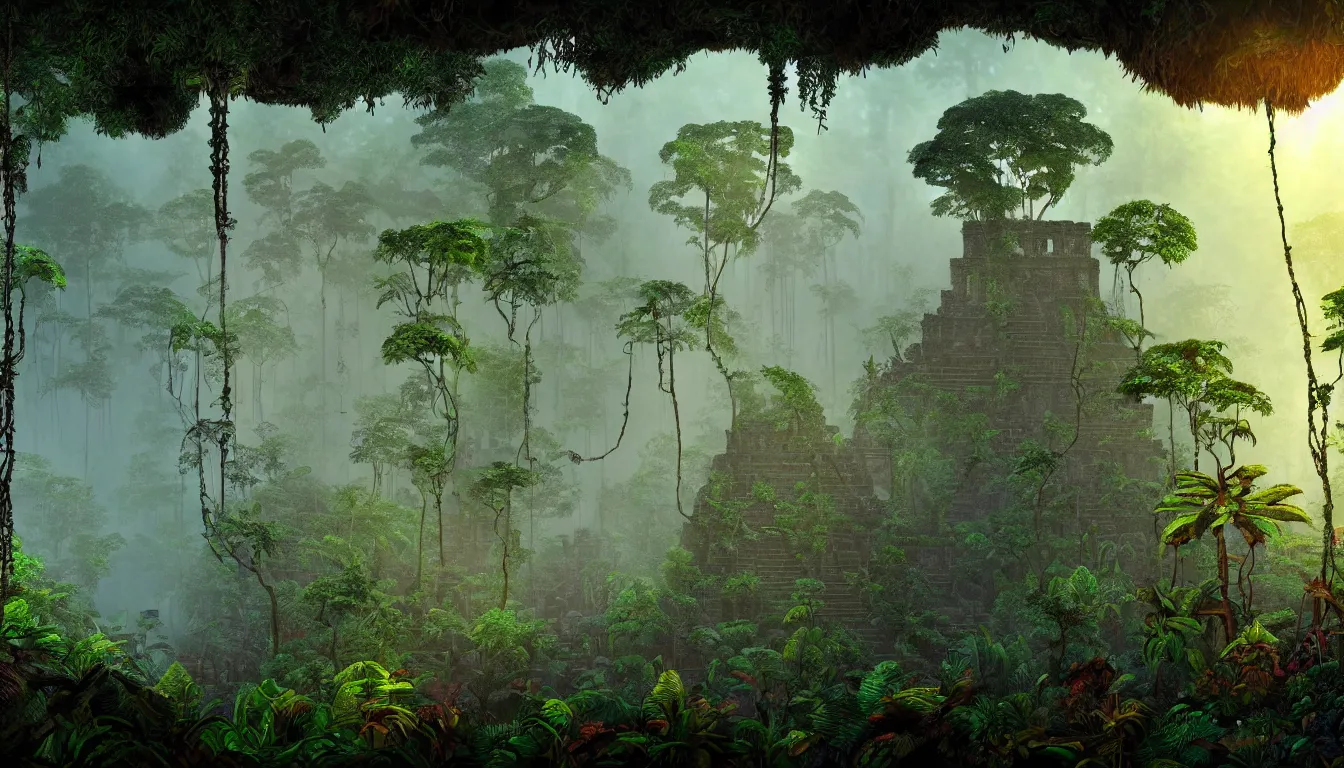 Image similar to deep mayan jungle forest realm biodiversity , side-scrolling 2d platformer game level, swirling clouds of magical mist through the trees, ancient forbidden temple ruins in tre background between the tree trunks, dramatic dusk sun illuminates areas , volumetric light , detailed entangled roots carpet the forest floor, rich color , upscale , 8k