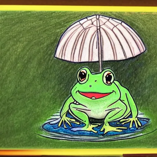 Prompt: a drawing of a happy frog under the rain wearing a rainy coat by hayao miyazaki