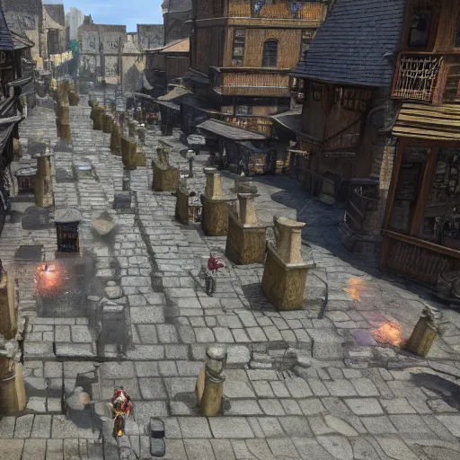 Image similar to detailed medieval fantasy streets with people walking around, unreal engine 5 rendered, incredibly highly detailed and realistic, 8 k, sharp focus, studio quality