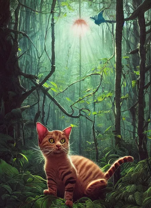 Image similar to a hyper realistic illustrated cat with happy lighting playing in the woods gorgeous lighting, sunbeams blue sky, lush forest foliage painting by chiara bautista and beksinski and norman rockwell and greg rutkowski weta studio, and lucasfilm