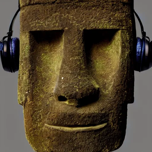 Image similar to a high detail photo of a moai wearing headphones