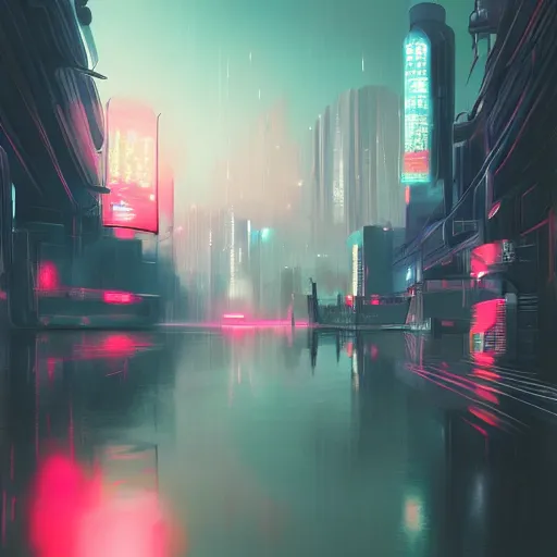 Image similar to beautiful japanese cyberpunk futuristic landscape painting, teal and pink, matte painting, depth of field, by tuomas korpi, trending on artstation