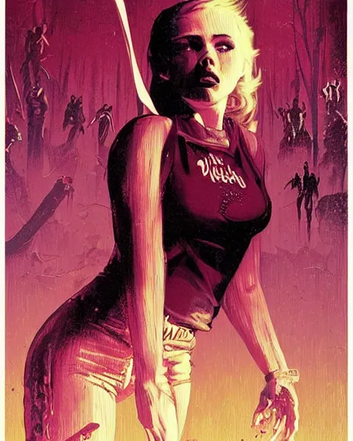 Prompt: scarlett johannson as the final girl, slasher, horror, high details, intricate details, by vincent di fate, artgerm julie bell beeple, 1 9 9 0 s, inking, vintage 9 0 s print, screen print