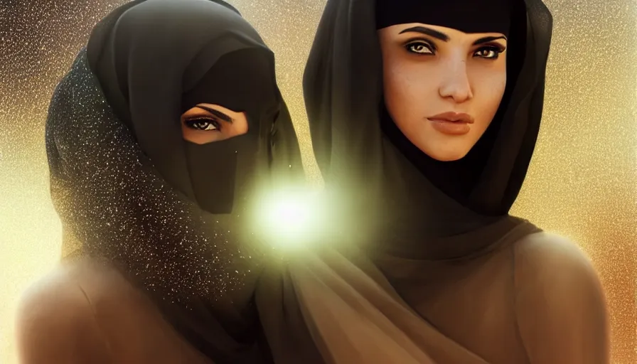 Image similar to Portrait of very very very very very very beautiful Arab woman wearing a Niqab, glowing magical eyes, energy trails, under giant full moon in the desert, intricate, elegant, highly detailed, digital painting, artstation, concept art, smooth, sharp focus, illustration, art by artgerm and greg rutkowski and alphonse mucha