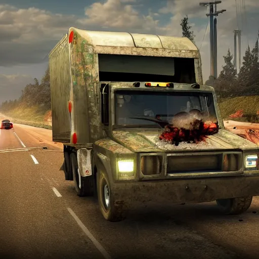 Prompt: a truck driver in a armored truck which is going down the highway while shooting at zombies