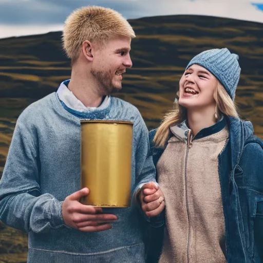 Image similar to a highly detailed portrait of a young couple from the side, holding a tin can, renote icelandic village, summer, blonde hair, muted colors, joy, trending on artstation,