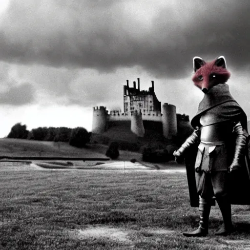 Image similar to anthropomorphic fox!! who is a medieval knight holding a swo - rd towar - ds a stormy thundercloud [ 1 9 3 0 s film still ], ( castle in the background )