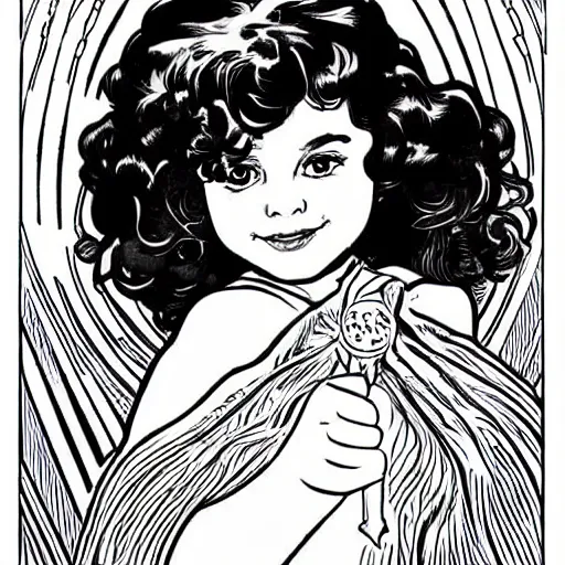 Image similar to clean simple line art of a little girl with wavy curly hair. white background. well composed, clean black and white line drawing, beautiful detailed face. illustration by steve ditko and jack kirby and alphonse mucha