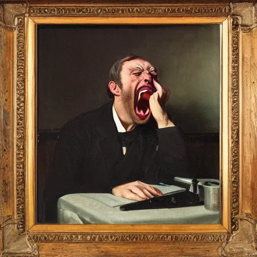 Image similar to an angry man yells at his computer monitor, oil on canvas, 1 8 8 3, highly detailed