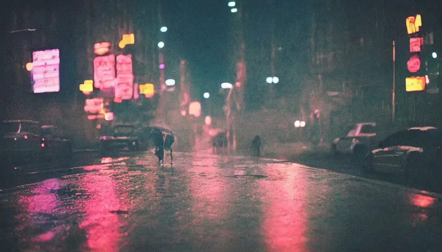 Image similar to street of new york, photography, night, rain, mist, a girl with pink hair, cinestill 8 0 0 t, in the style of william eggleston