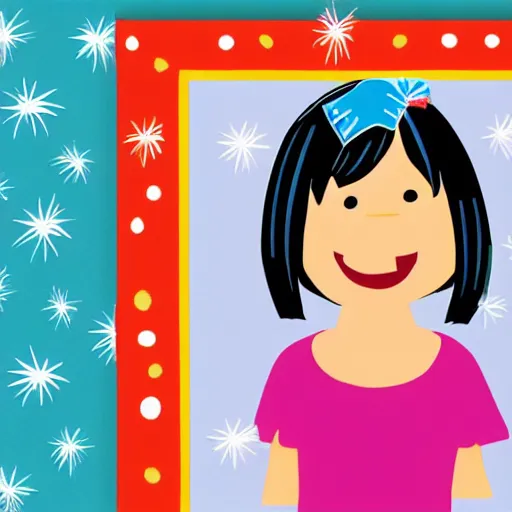 Prompt: children's book illustration of little girl black hair cut in a bob with bangs wearing a blue dress with jingle bells sewn all over at a halloween costume contest